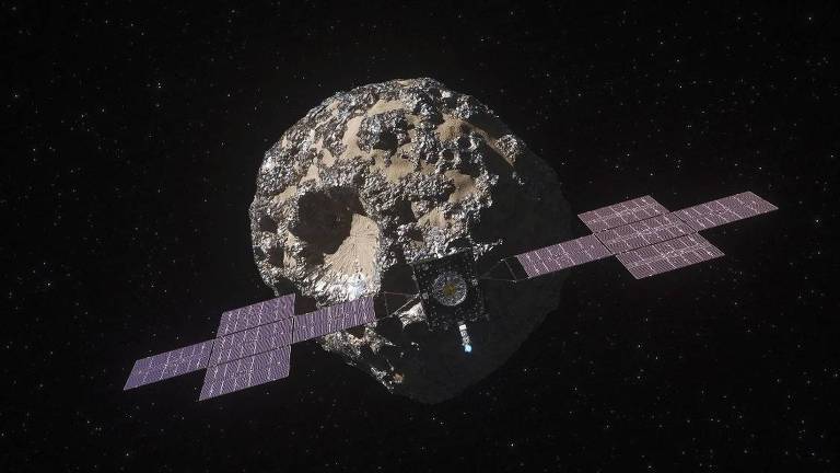 Impressão artística da sonda Psyche da Nasa se aproximando do asteroide 16 Psych