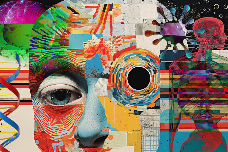 Imagem multicolorida retratando uma espiral de DNA, um cérebro, um rosto humano com um olho em destaque, um buraco negro, um vírus e uma silhueta humana.