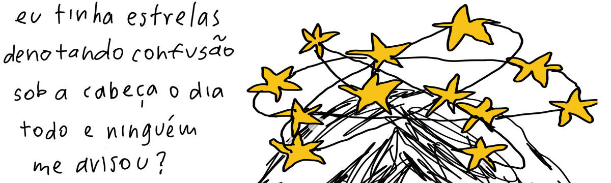A tirinha de Estela May, publicada em 13/10/23, traz estrelas amarelas girando em cima de uma cabeça. À esquerda da imagem, “eu tinha estrelas denotando confusão sob a cabeça o dia todo e ninguém me avisou?”
