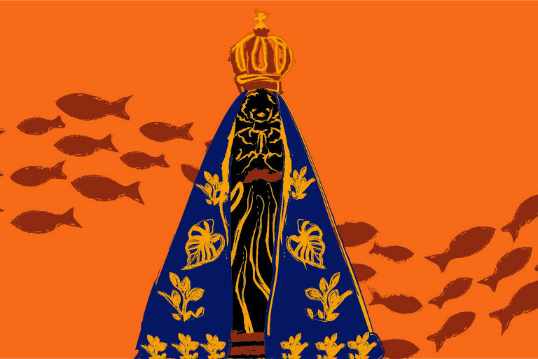 Ao centro da ilustração está a figura de Nossa Senhora Aparecida, uma santa negra, com um manto azul escuro e coroa dourada. Ao seu redor a imagem de alguns peixes aparece também.