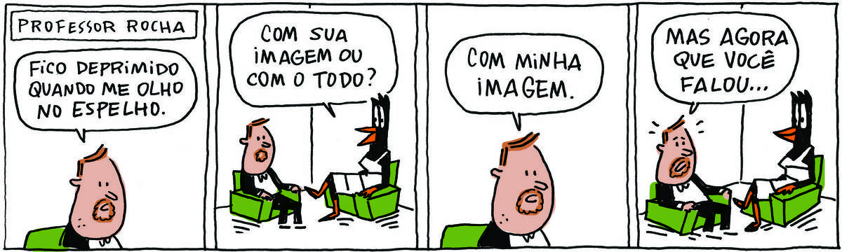 A tirinha PROFESSOR ROCHA, publicada em 13/10/2023, com 4 quadrinhos, traz o PROFESSOR ROCHA, homem branco, gordinho, calça e paletó pretos, camisa branca e cavanhaque, sentado em uma poltrona ao lado de DOUTORA GISLAINE, uma ave preta pernalta, com bico laranja e vestido branco com listas pretas, também sentada em uma poltrona. É uma sessão de terapia. No quadrinho 1, o PROFESSOR diz: Fico deprimido quando me olho no espelho. No quadrinho 2, ela pergunta: Com sua imagem ou com o todo? No quadrinho 3, ele responde: Com minha imagem. No quadrinho 4, ele arremata, muito inseguro: Mas agora que você falou...