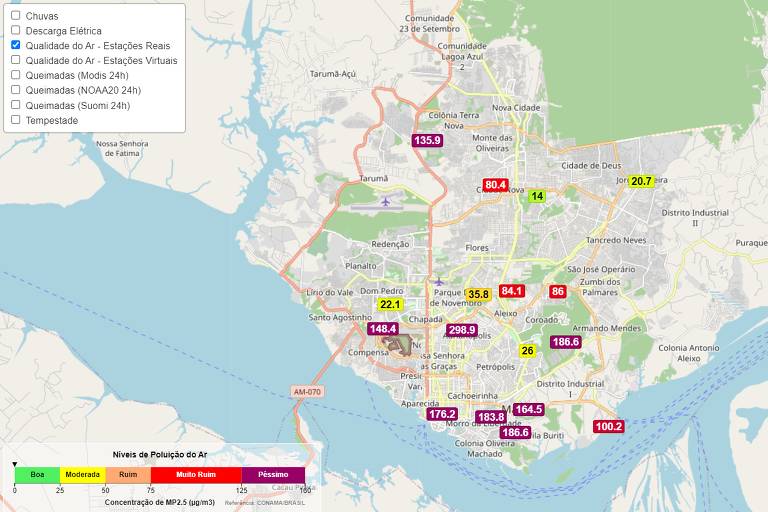 Mapa do projeto Selva, com vários pontos roxos, mostra os índices de qualidade ar péssima em Manaus nesta quinta-feira