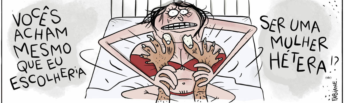 A tira Viver Dói, de Fabiane Langona, publicada em 16/10/2023, mostra uma mulher com olhar desesperado. Ela está sentada de frente numa cama de casal, suas pernas estão dobradas. Ela veste calcinha e sutiã vermelhos. Em suas mãos, ela segura dois pés masculinos muito bem rústicos e peludos. Os pés são cascudos com unhas gigantescas e aparentemente encravadas.  No quadrinho 1, a personagem diz, com tom de voz elevado: "Vocês acham mesmo que eu escolheria ser uma mulher hétera (sic) !??".