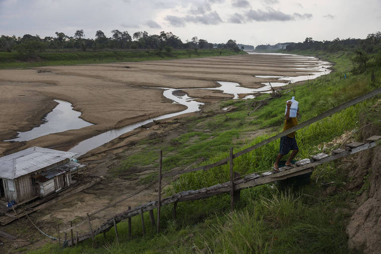 Seca na Amazônia faz rio desaparecer, e ribeirinhos percorrem bancos de areia com água da cidade