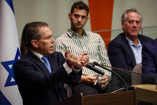 Israel?s Ambassador to the United Nations Gilad Erdan speaks during an event featuring families of Israelis kidnapped by Hamas at the United Nations Headquarters in New York