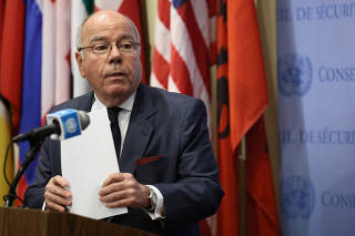 Brazil's Foreign Minister Mauro Vieira speaks to members of the media at the United Nations Headquarters in New York