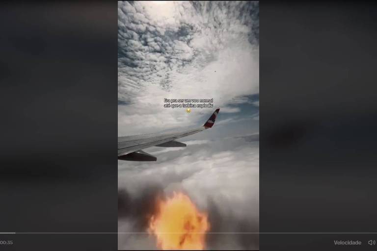 Frame de vídeo feito por passageira mostra chamas saindo da região da asa direita de uma aeronave da Gol durante o voo