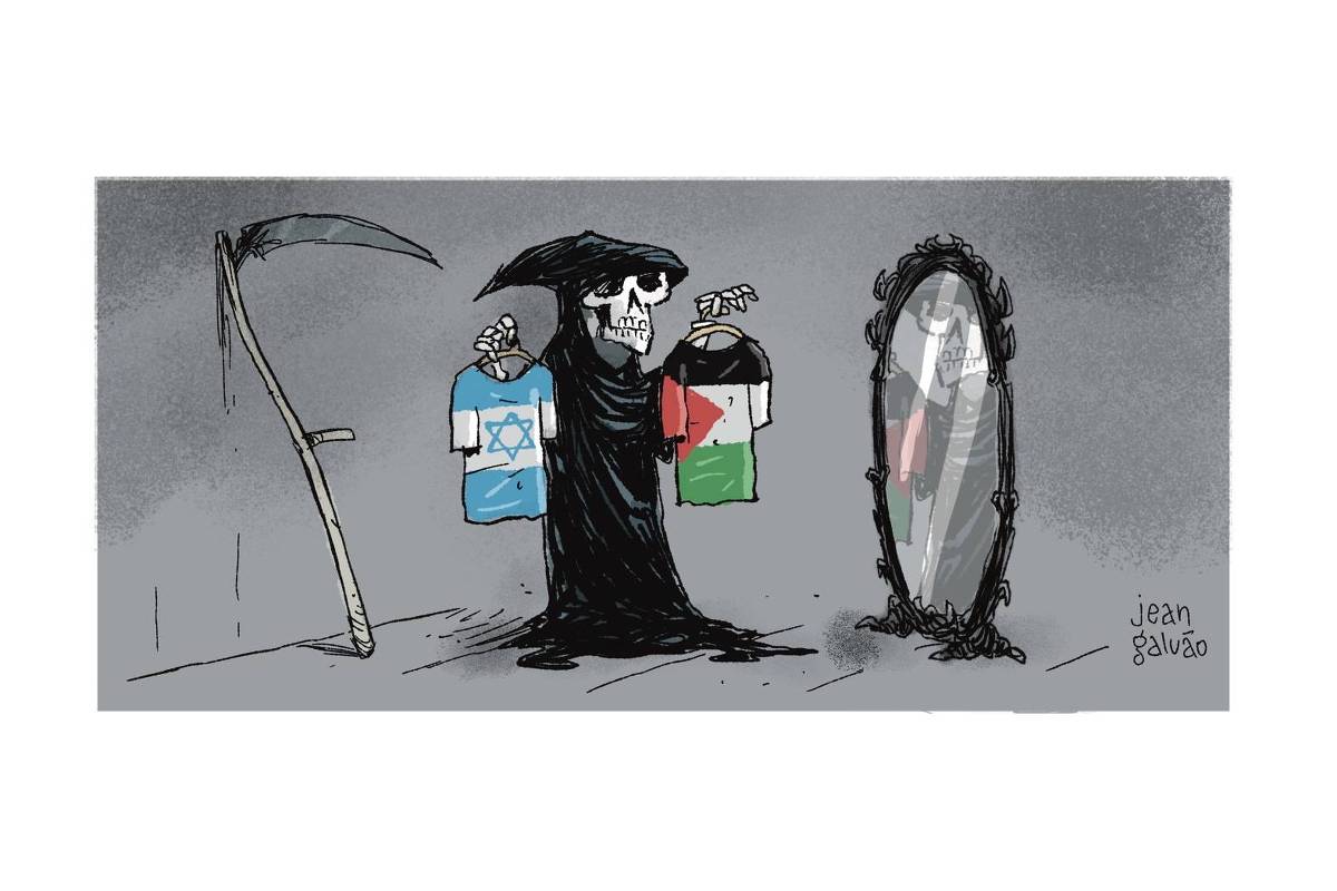 A charge de Jean Galvão publicada na Folha tem um quadro. Na cena a figura da morte olha para o espelho escolhendo com que roupa sairá para o trabalho. Em uma mão segura um cabide com uma camiseta com a bandeira de Israel e com a outra mão segura um cabide com uma camiseta com a bandeira da Palestina.
