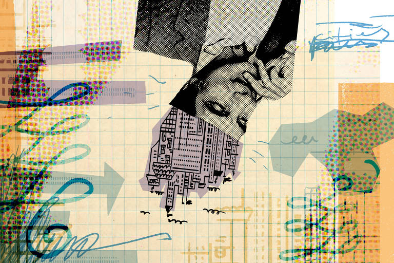 Na colagem digital de Marcelo Martinez, grafismos utilizando a foto do escritor Italo Calvino fazem referência ao livro "As cidades invisíveis