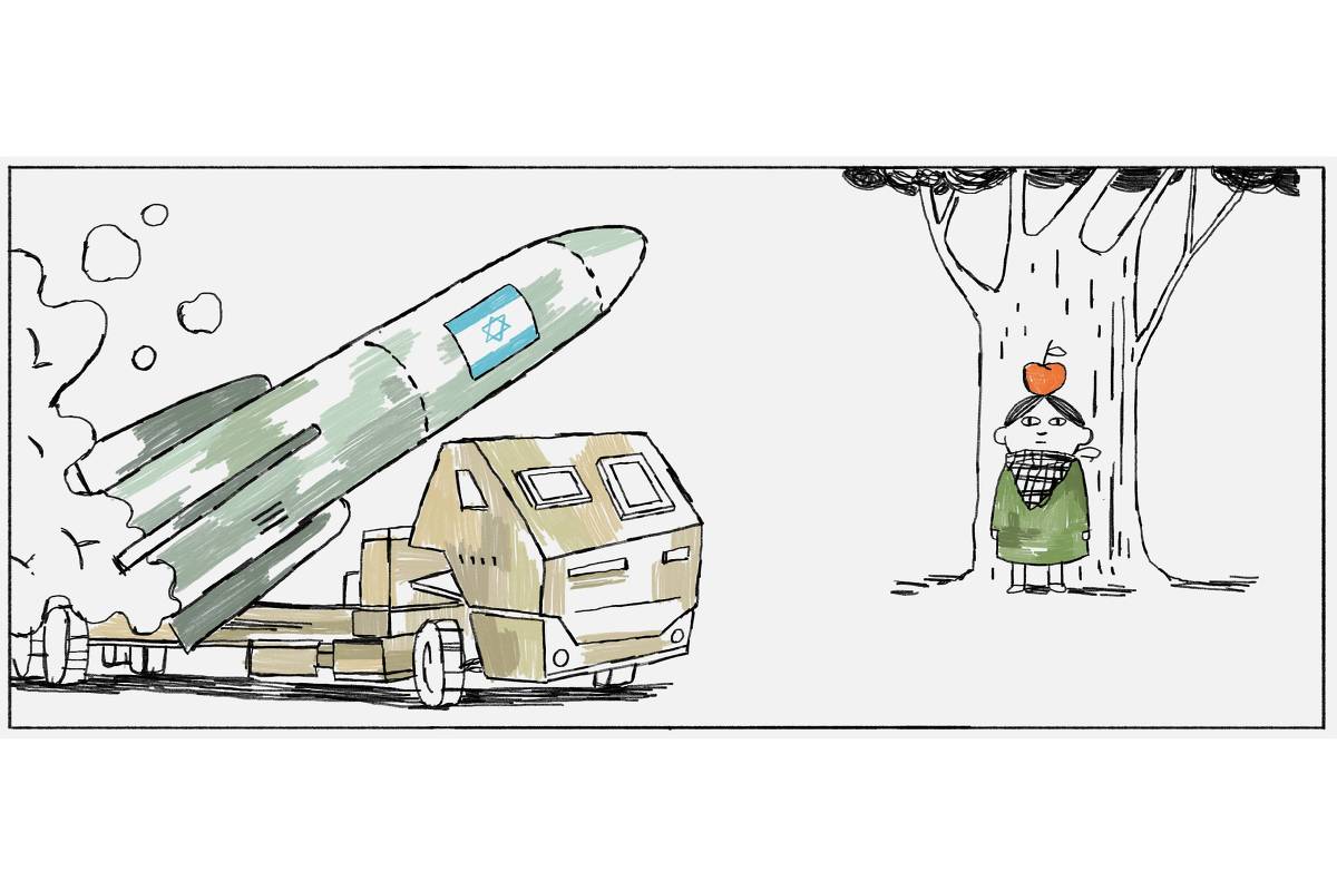 A ilustração tem um quadro. A imagem mostra um caminhão militar prestes a lançar um gigantesco foguete. A distância, vemos uma criança com uma maça encima da cabeça na frente de uma árvore. 