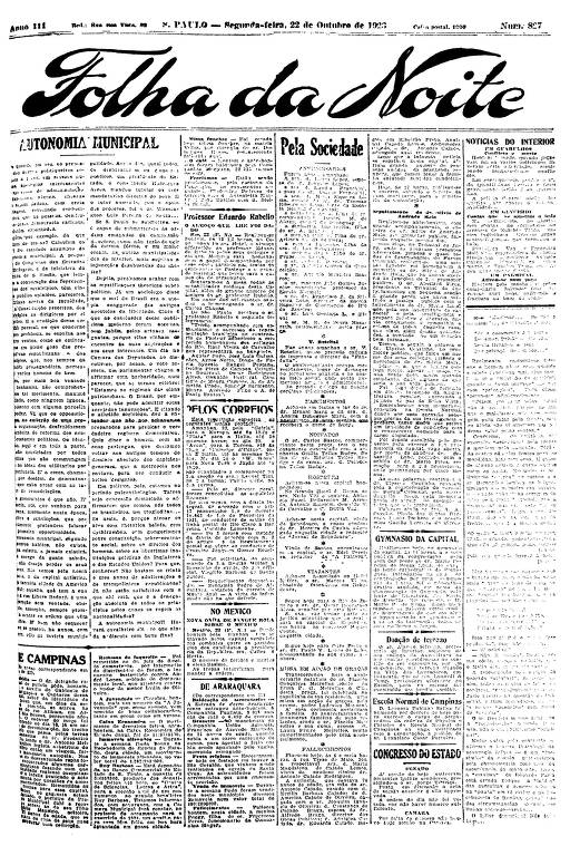 Primeira Página da Folha da Noite de 22 de outubro de 1923