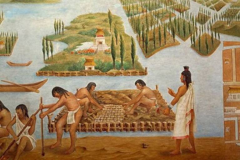 O sistema de 'chinampas' (canteiros flutuantes) de Tenochtitlán aproveitava ao máximo a água do lago para a agricultura