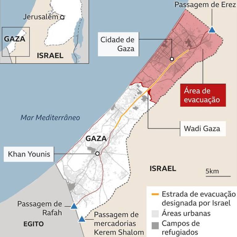 Mapa da região de Gaza e Israel