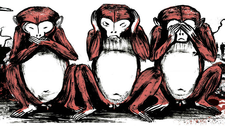 Diante de um campo de batalha, três macacos tapando seus sentidos com as mãos: um fechando a boca, outro os ouvidos  e o terceiro, os olhos.