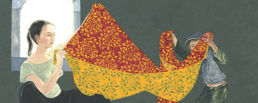 ilustração de mulher e criançã levantando um lençol estampado
