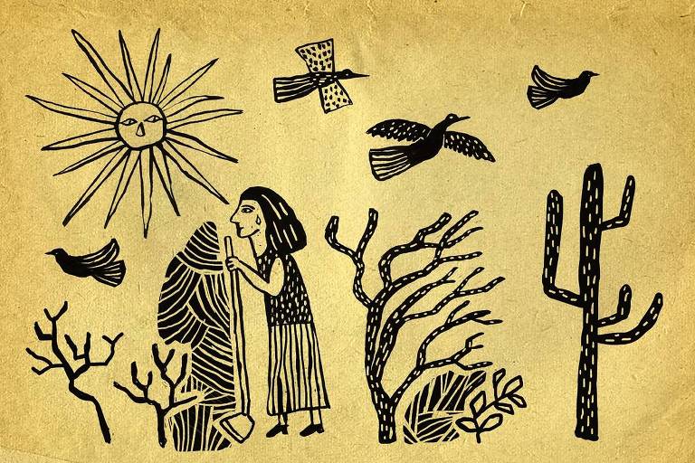 Arte ilustra, no estilo de xilogravura típico do Nordeste, uma mulher chorando com uma enxada na mão em uma paisagem de caatinga, com o sol brilhando e pássaros voando