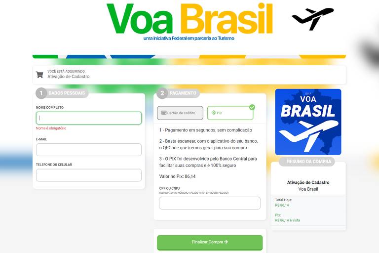 Print do golpe do Voa Brasil. Imagem mostra site em que é possível pagar uma taxa via Pix ou cartão de crédito