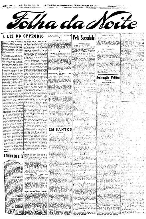 Primeira Página da Folha da Noite de 26 de outubro de 1923