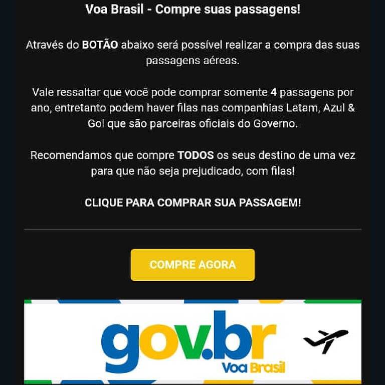 Imagem mostra reprodução de email enviado pelos golpistas dizendo ser possível comprar passagens aéreas pelo Voa Brasil