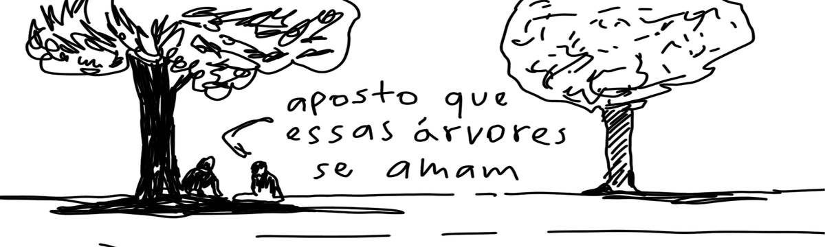 A tirinha em preto e branco de Estela May, publicada em 18/10/23, traz duas pessoas sentadas embaixo de um árvore, que está próxima de outra árvore. Uma das pessoas diz “aposto que essas árvores se amam”