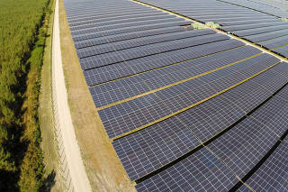 FILE PHOTO: A general view shows solar panels used to produce renewable energy at the photovoltaic park in Cestas