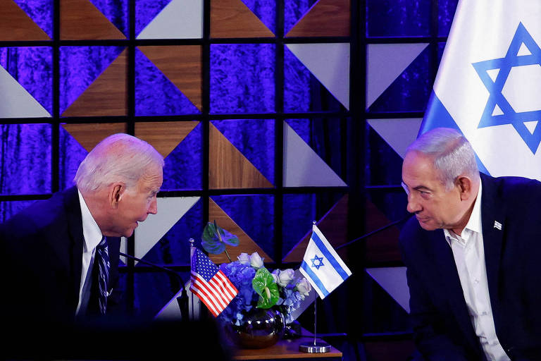O presidente americano, Joe Biden, em reunião com o premiê israelense, Binyamin Netanyahu, em Tel Aviv, no último dia 18