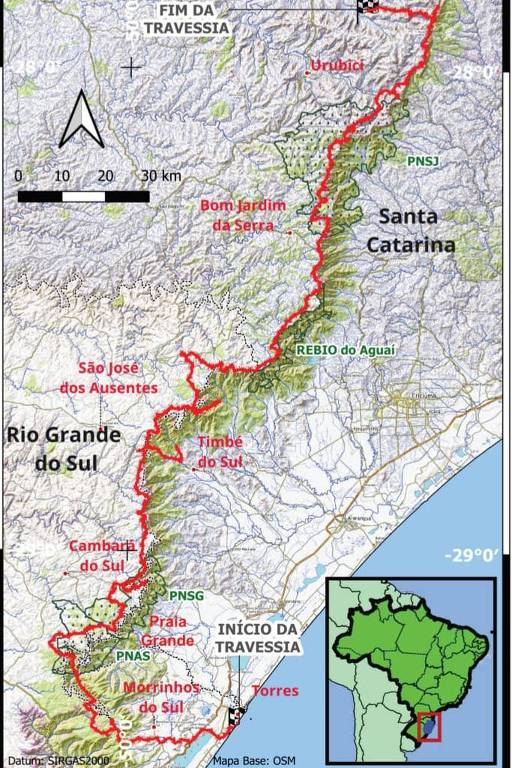 Mapa do percurso de 500 quilômetros percorrido por Marlon Schunck entre Rio Grande do Sul e Santa Catarina