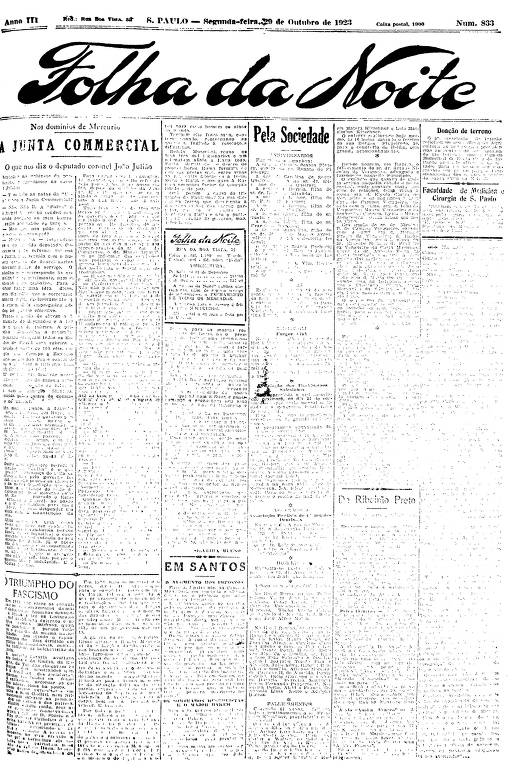 Primeira Página da Folha da Noite de 29 de outubro de 1923