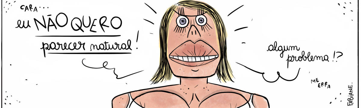 A tira Viver Dói, de Fabiane Langona, publicada em 19/10/2023, mostra uma mulher loura de olhos azuis muito estatelados marcados por cílios gigantes. Seu rosto é um tanto hexagonal. Ela possui um nariz muito fino com narinas evidentes. Seus lábios são muito carnudos, fofos como uma bóia de piscina. Vemos também uma pequena parte do seu colo e seus gigantes seios. A mulher está com os dentes cerrados e aparência irritada.  No quadrinho 1, a mulher diz: "Cara...Eu NÃO QUERO PARECER NATURAL. Algum problema!!? Me erra."
