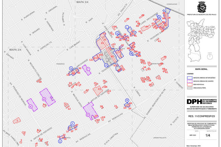 Mapa cinza com polígonos em vermelho, roxo e azul, com canhoto com dados da prefeitura escritos