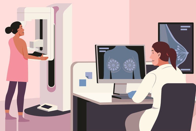 Mamografia avançada em uma clínica médica, médico especialista garantindo a detecção precoce do câncer de mama para a saúde da paciente feminina, ilustração plana vetorial