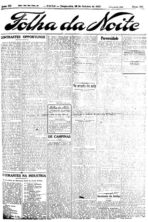 Primeira Página da Folha da Noite de 30 de outubro de 1923