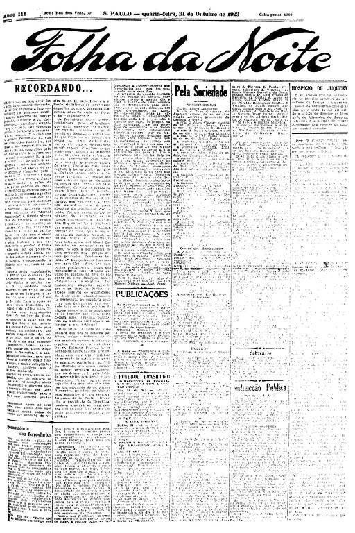 Primeira Página da Folha da Noite de 31 de outubro de 1923