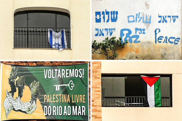 na parte superior, bandeira de israel pendurada em sacada e pichação pedindo paz em diversos idiomas, com tinta azul sobre fundo branco. na parte de baixo, cartaz em defesa da palestina com texto "voltaremos! palestina livre do rio ao mar" e bandeira da palestina