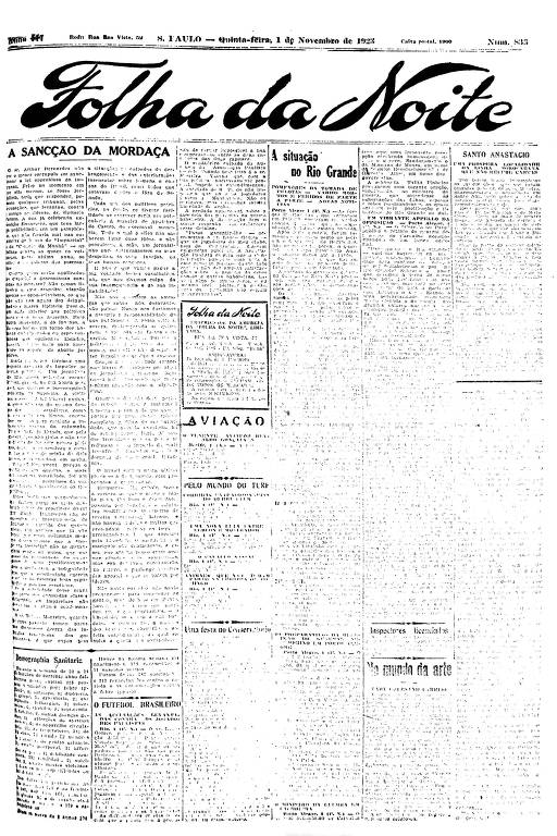 Primeira Página da Folha da Noite de 1º de novembro de 1923