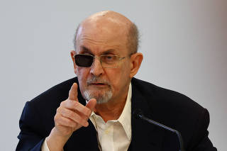 Author Salman Rushdie speaks to press at Frankfurt Book Fair