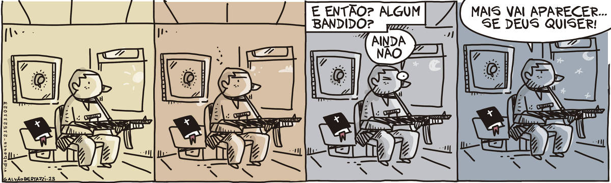 A tira de Galvão Bertazzi se chama Vida Besta e está dividida em quatro quadros. No primeiro quadro um homem está sentado em uma cadeira. enquanto segura uma metralhadora no colo. Ao seu lado numa mesinha tem um Livro Sagrado. Atrás dele na parede um cofre fechado. Ele olha fixamente para fora da janela.  No segundo quadro o homem segue imóvel, mas o sol lá fora mudou de posição. No terceiro quadro o homem segue imóvel, mas já é quase noite. Uma legenda faz a pergunta: E então? Algum bandido? O homem responde: Ainda não. No quarto quadro ele responde: Mas vai aparecer..... se Deus quiser.  O homem segue imóvel e já é noite lá fora. 