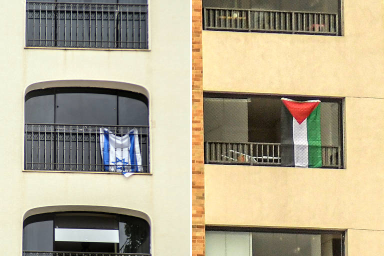 Montagem com sacadas de apartamentos que exibem bandeiras de Israel (à esq.), em Higienópolis, e Palestina (à dir.), no Brás, em meio a conflito no Oriente Médio