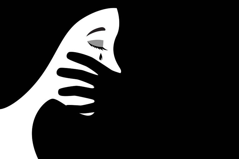 Ilustração em preto e branco de uma mão cobrindo a boca da mulher. Dos olhos fechados, escorre uma lágrima