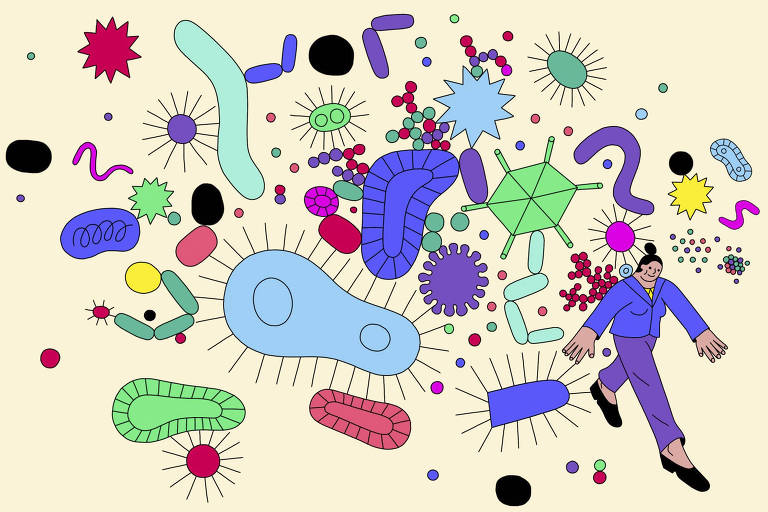 Ilustração colorida mostra uma pessoa caminham e atrás dela diversos símbolos de vírus e bactérias