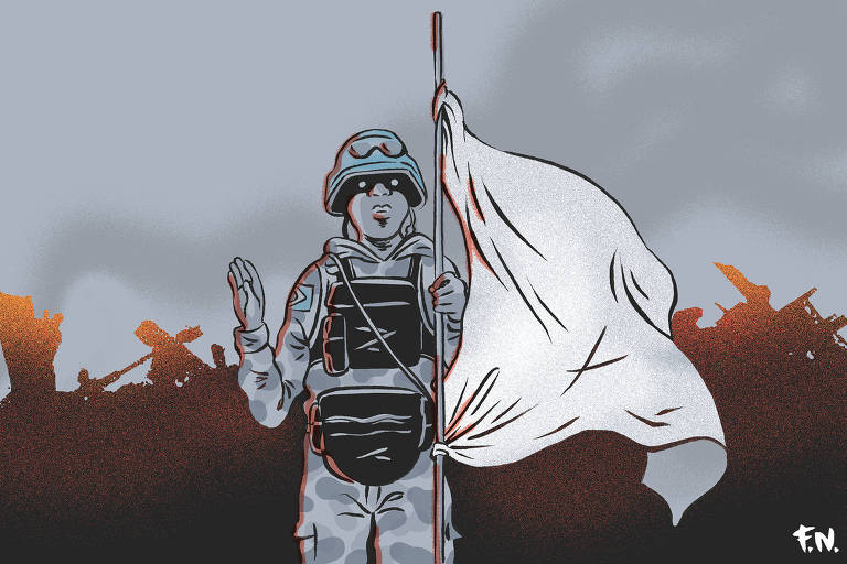 Ilustração de Fido Nesti publicada na página Opinião de 22 de outubro de 2023 mostra um soldado, com uniforme cinza, capacete e indumentárias. Ao fundo, vultos vermelhos que remetem à guerra. O soldado segura uma bandeira branca com a mão esquerda.
