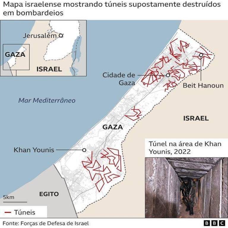 Mapa de Gaza com marcações de onde seriam túneis
