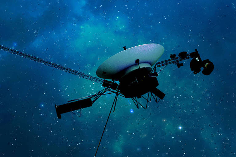 Concepção artística de uma das sondas gêmeas Voyager, em meio ao espaço interestelar