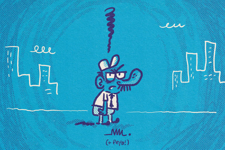 No cartum de Marcelo Martinez: um homenzinho azul e rabugento, desenhado para se parecer com o personagem Smurf Ranzinza