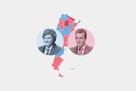 Montagem com mapa eleitoral da Argentina no 1º turno de 2023 e a foto dos dois candidatos mais votados
