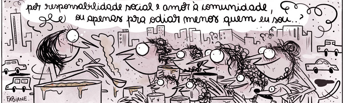 A tira Viver Dói, de Fabiane Langona, publicada em 24/10/2023, mostra uma moça de cabelos lisos atrás de uma panela gigante. Ela segura uma concha e está servindo um sopão para pessoas em situação de vulnerabilidade social. Na fila há homens, mulheres, crianças e um simpático cachorrinho. Ela olha para estas pessoas com olhar lacrimejante e altruísta , ao passo que em retorno, na espera pelo alimento, vemos olhares famintos e ternos, que exprimem muita gratidão. A moça está pensativa.    No quadrinho 1, a personagem pensa: “ Por responsabilidade social e amor à comunidade ou apenas para odiar menos quem eu sou...?”