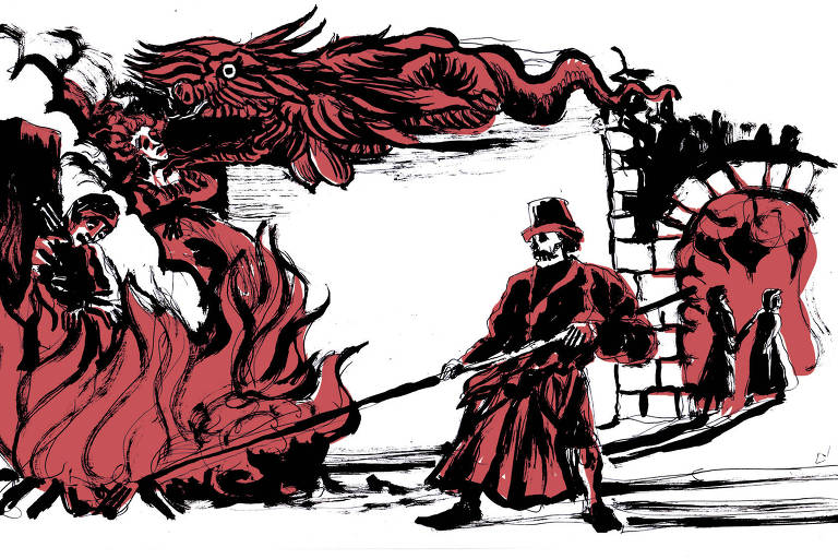 Imagem baseada em uma gravura medieval onde uma pessoa amarrada é queimada viva em uma fogueira acesa por uma pessoa com uma caveira no lugar do rosto.  Acima, no meio da fumaça, uma mulher é atacada por um dragão vermelho, e mais ao fundo, um casal adentra uma fornalha acesa. Trata-se de uma alegoria representando o terror do período da Inquisição