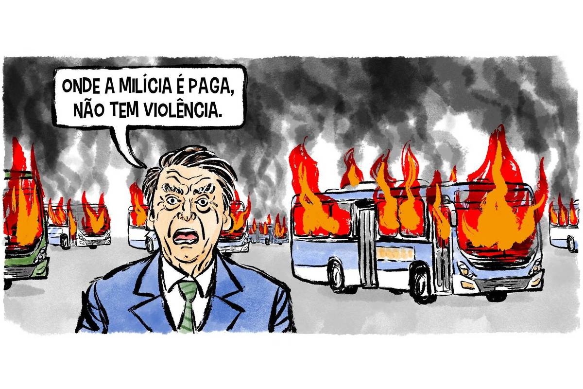A charge mostra vários ônibus pegando fogo e na frente deles Jair Bolsonaro de terno e gravata esbravejando "Onde a milícia é paga, não tem violência."