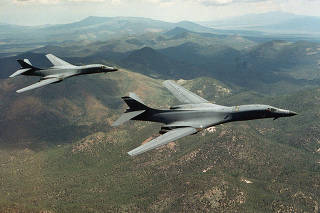 FILE PHOTO: A pair of B-1B Lancer bombers soar over Wyoming