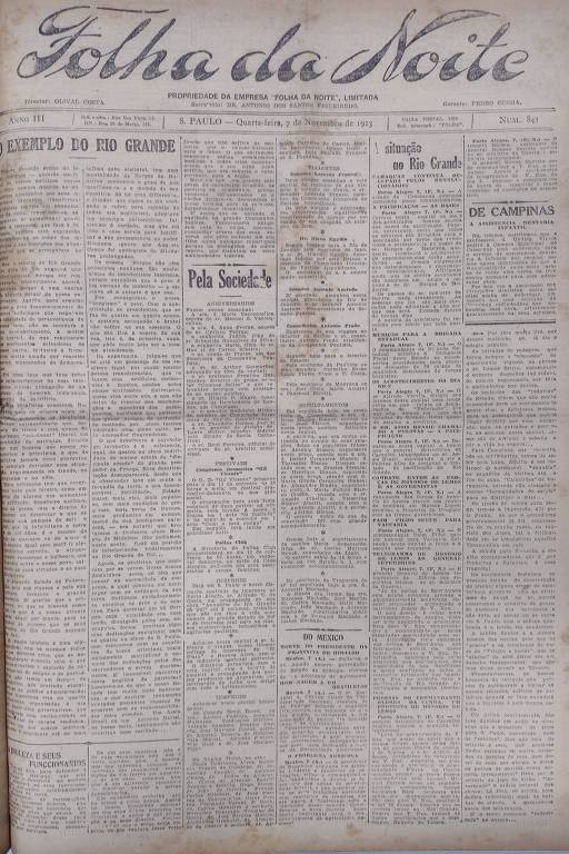 Primeira Página da Folha da Noite de 7 de novembro de 1923